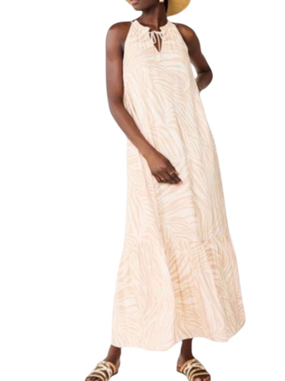 NINE WEST Tiered Peasant Maxi Dress in Ivory / Gold Zebra Stripe Size 2X  NWT